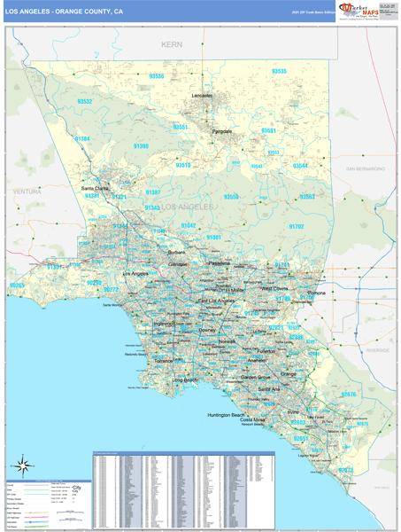 Los Angeles-Orange Counties, CA Carrier Route Wall Map